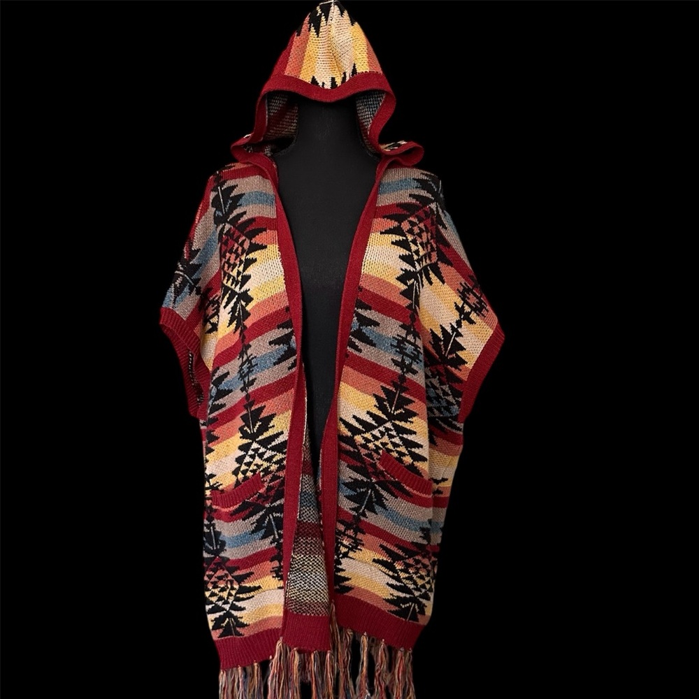 American Eagle Southwest Hooded Fringe Poncho